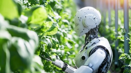 A robot in a greenhouse, interacting with plants, wearing a helmet and gloves, surrounded by green and white plants, with a blurred background.