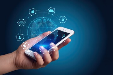 Hand holding a smartphone with interactive global network interface.