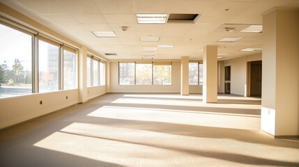 A spacious, empty office space with large windows, white walls, and beige carpeting.