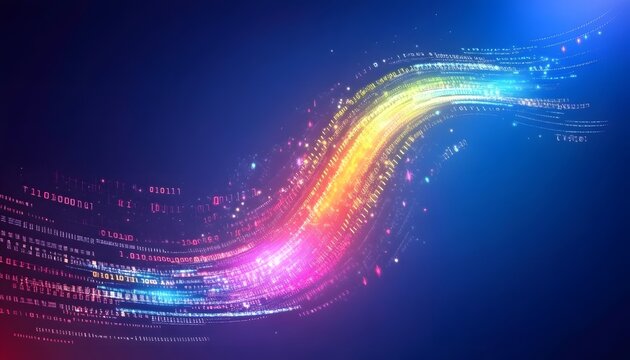Colorful digital wave design with binary code.
