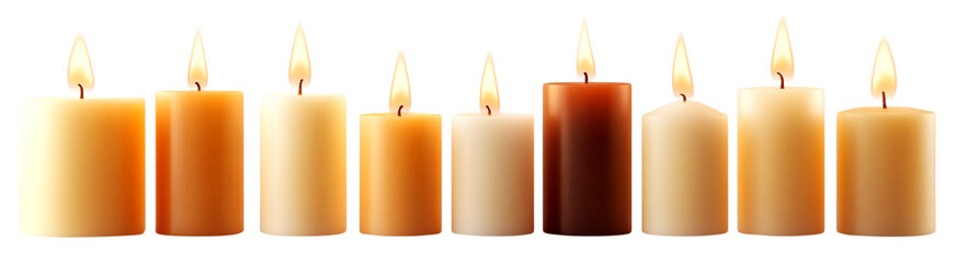 Ten lit candles of varying heights and shades of beige, brown, and cream with a transparent background, ideal for design projects.