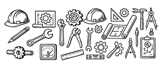 Engineering and Technical Drawing Tools Set with Helmet, Wrench, and Gears Vector Illustration