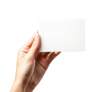 Woman's hand holding a blank white card with transparent background, showcasing a simple yet elegant presentation. - Powered by Adobe