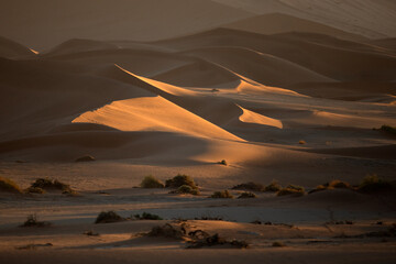 Sunlight begins to spread across the red dunes of Sossusvlei, Namibia.