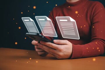 Person holding a mobile phone with digital document icons displayed.