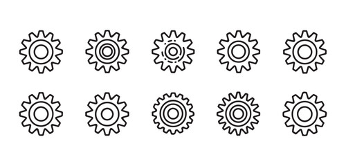 Collection of Simple Gear Icons in Black Outline, a set of nine simple, black outline gear icons vector art on white