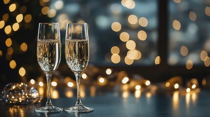 Two champagne glasses filled with champagne on a table with a festive background of lights and a Christmas tree.
