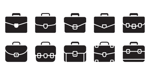 Set of Solid Black Briefcase Icons, Nine simple, solid black briefcase icons, suitable for use in presentations, websites, or apps vector art on white