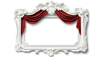 A white frame with red curtains and a white background