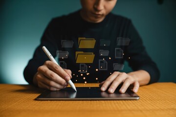 Person using a stylus on a tablet with file icons overlay.