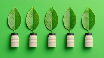 Green Energy and Climate Concept. Creative Bottles with Green Leaves on Bright Background for Eco-Friendly Concepts