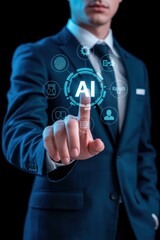 Businessperson interacts with a futuristic interface displaying artificial intelligence concepts.