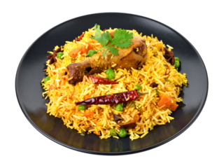 Black plate of chicken biryani with lime garnish, ideal for food blogs, restaurant menus, recipe books, or social media posts.