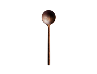 Dark brown wooden spoon isolated on transparent background, vertical, kitchen utensil, cooking tool, elegant, simple design, food photography prop, rustic style, clean
