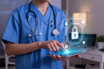 Healthcare professional using a tablet with secure patient data interface.