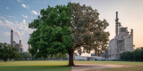 Obraz premium Green Energy and Climate Concept. Contrast of Nature and Industry in a City Landscape with Tree and Factory Setting