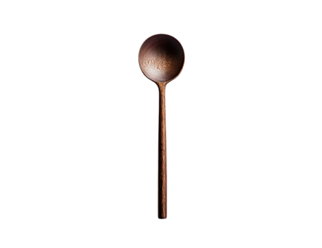 Dark brown wooden spoon isolated on transparent background, vertical, kitchen utensil, cooking tool, elegant, simple design, food photography prop, rustic style, clean