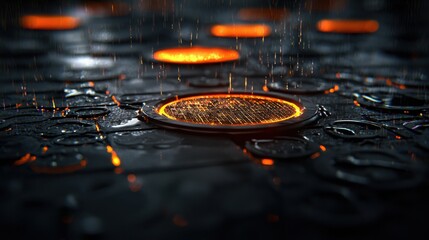 Green Energy and Climate Concept. Abstract Design of Glowing Orange Circles with Water Droplets on Dark Textured Surface