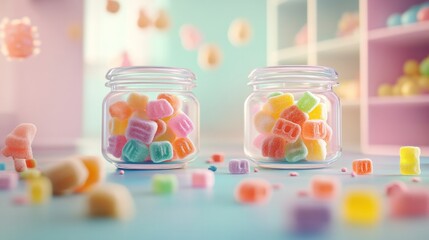 Two jars of colorful candy are on a table