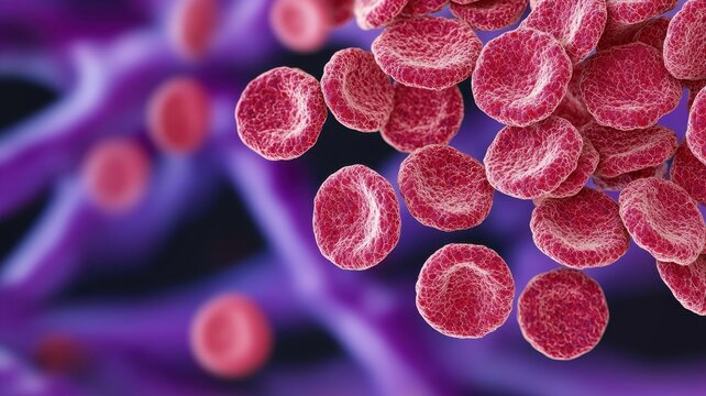 Close-up 3D illustration of red blood cells flowing through a blood vessel, showcasing their biconcave shape and texture.