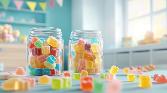 Two jars of colorful gummy bears are on a table