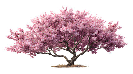 Blossoming cherry tree with pink flowers on white background in springtime
