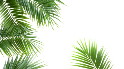 Fresh green palm leaves on abstract geometric background with contemporary design isolated on white transparent background PNG cutout

