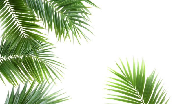 Fresh green palm leaves on abstract geometric background with contemporary design isolated on white transparent background PNG cutout
