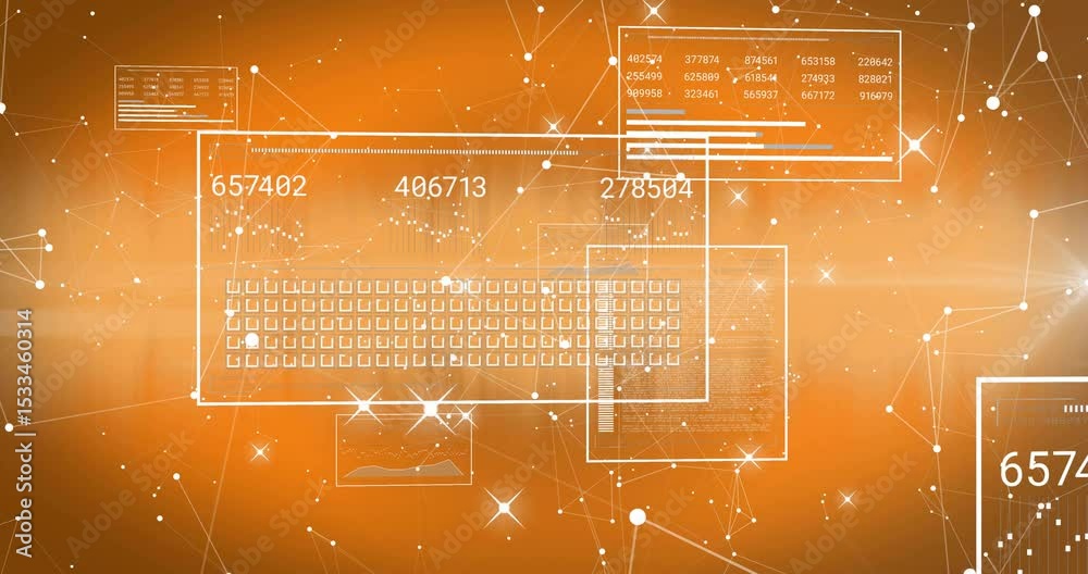 Poster translucent data panels appearing and updating grids on orange backdrop visualizing data flow