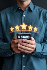 Person holding a smartphone displaying five stars rating.