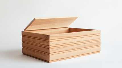 Open wooden box with lid ajar, showcasing light wood grain and simple design on white background.