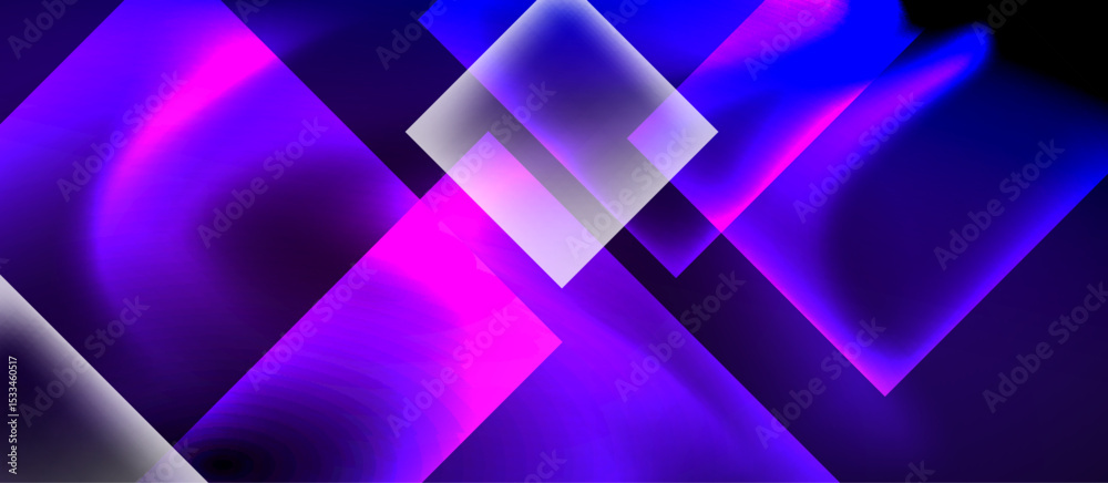 Poster abstract geometric composition. vivid purple, blue hues dominate. shapes overlap, creating dynamic v