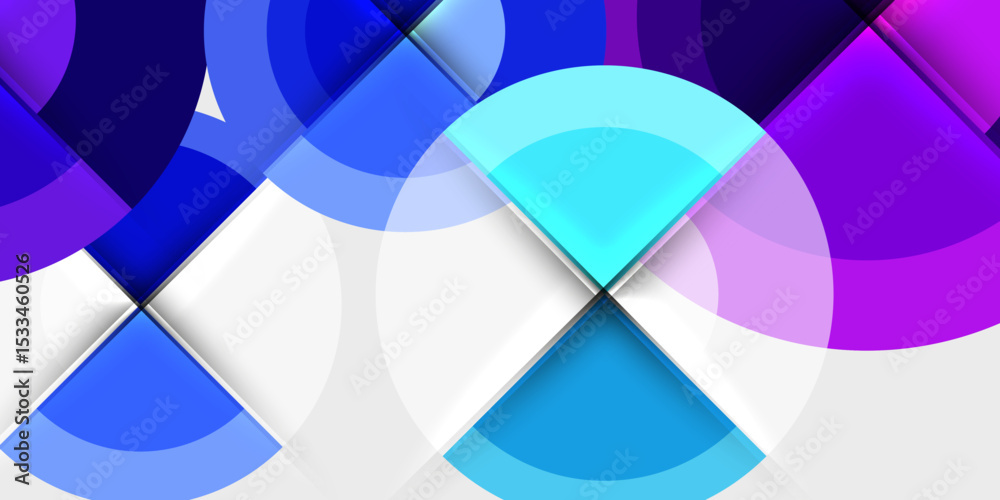 Poster Abstract design features overlapping circles, squares. Colors include blues, purples, whites creating dynamic visual effect. Modern, clean aesthetic.