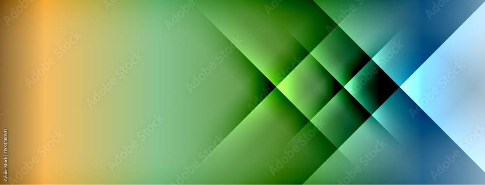 Poster Abstract geometric design. Gradient colors blend, creating dynamic diagonal patterns. Shapes overlap, forming complex visual texture.