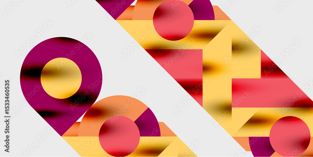 Poster Abstract composition featuring circles, rectangles, warm colors. Gradient shades create dynamic visual effect. Minimalist design on black background.