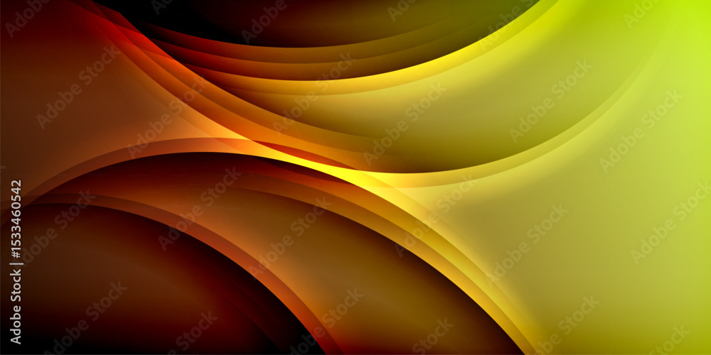 Poster abstract design features flowing curves, warm colors. yellow, orange, brown hues blend into dark bac