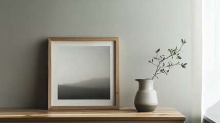Minimalist home decor framed landscape photo, vase with branch on wooden surface.