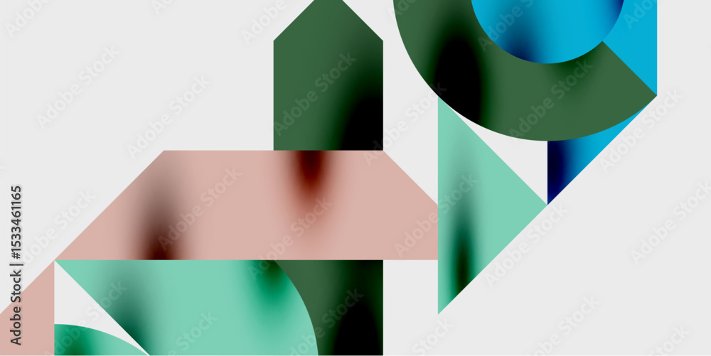 Poster abstract geometric shapes overlap, creating layered visual effect. colors include teal, pink, dark g