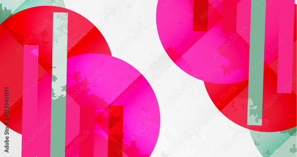 Aufkleber Abstract composition. Overlapping circles, rectangles, vibrant pinks, reds, teal. Textured background creates dynamic visual effect.