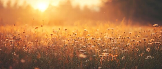 Golden Foggy Evening in a Summer Field of Wildflowers