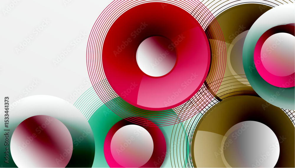 Poster Abstract circles overlap, creating vibrant visual effect. Red, green, brown hues dominate composition. Lines add texture, depth.