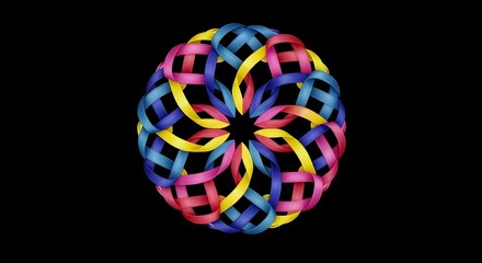 Multicolor Satin Ribbon Mandala on Black – Vibrant 3D Decorative Knots for Festive Design