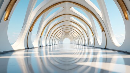 Naklejka premium Modern Futuristic White Corridor Architecture Design with Golden Decor Elements