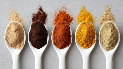 Five spoons filled with various colorful spices are arranged on a textured white surface