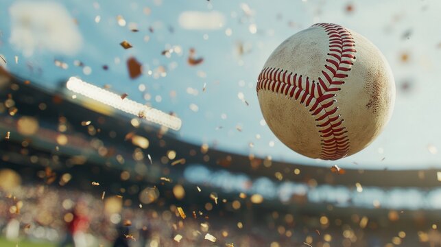 A baseball is in the air with a crowd watching