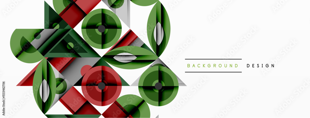 Poster Abstract geometric pattern. Green, red shapes overlap creating modern design. Clean white background provides contrast.