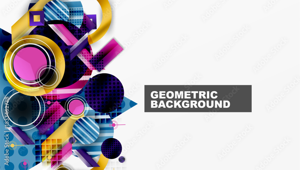 Poster Abstract geometric composition. Vibrant colors, overlapping shapes create dynamic visual experience. Modern design elements present.