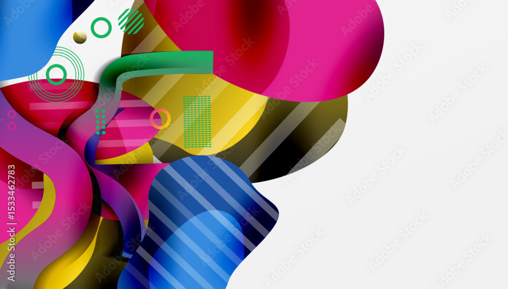 Poster Abstract colorful shapes overlap, creating dynamic composition. Vivid hues blend, forming fluid forms, modern design.