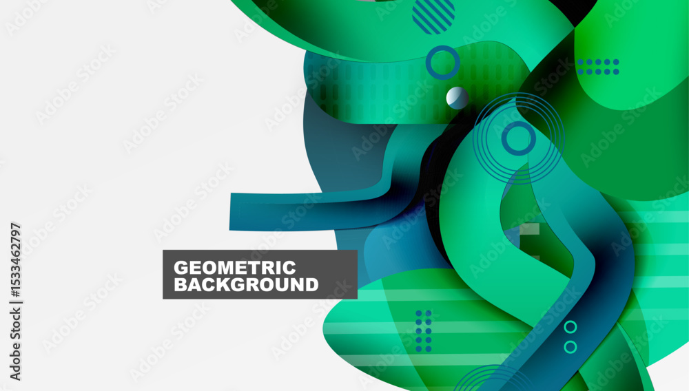 Poster abstract geometric shapes, vibrant green hues, flowing lines create modern background. minimalist de