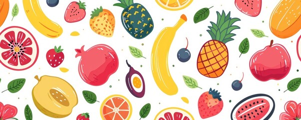 Fruit flat design, hand drawn style fruit pattern with fruits such as watermelon apple kiwi pineapple orange grapefruit strawberry cherry